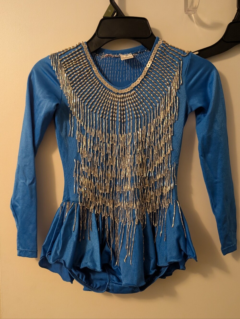 Blue Beaded Fringe Long-Sleeve Girls Dance Leotard